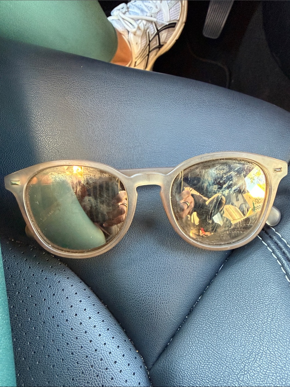 Le Specs Frosted Beige Round Sunglasses with Gold Mirrored Lenses
